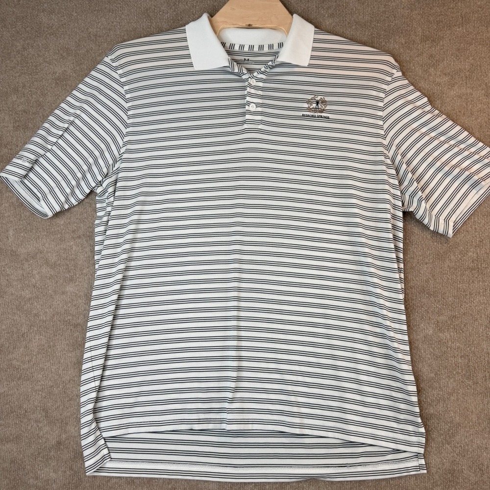 Under Armour Mens XXL Bedford Springs Golf Polo Striped White Navy Blue Shirt